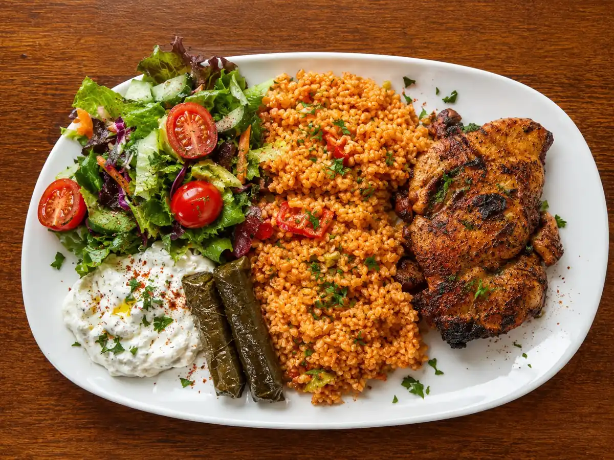 Öğle yemeği tabağı: ızgara tavuk incik, bulgur pilavı, mevsim salatası, yaprak sarma ve yoğurtlu meze